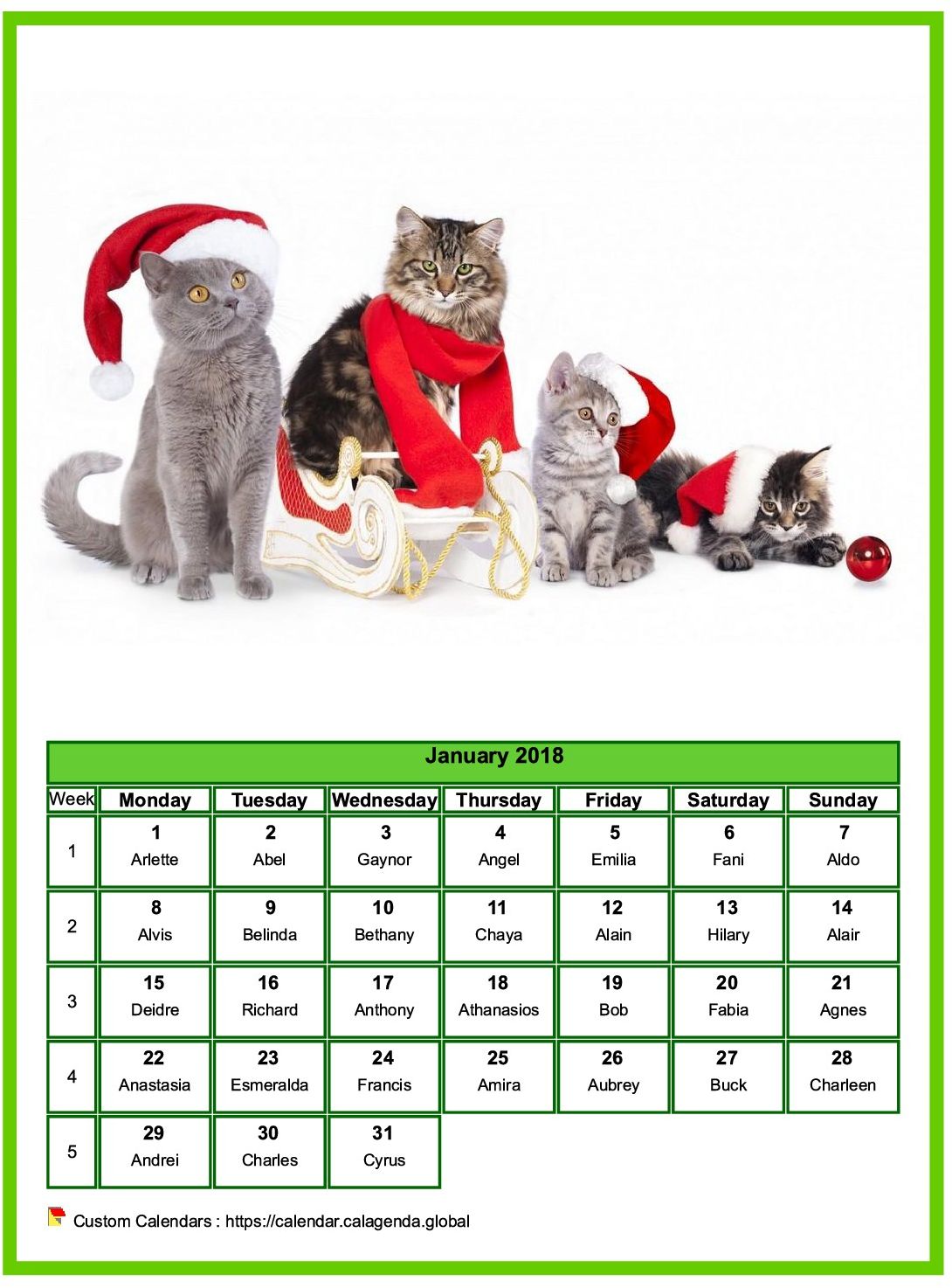 Calendar January 2018 cats