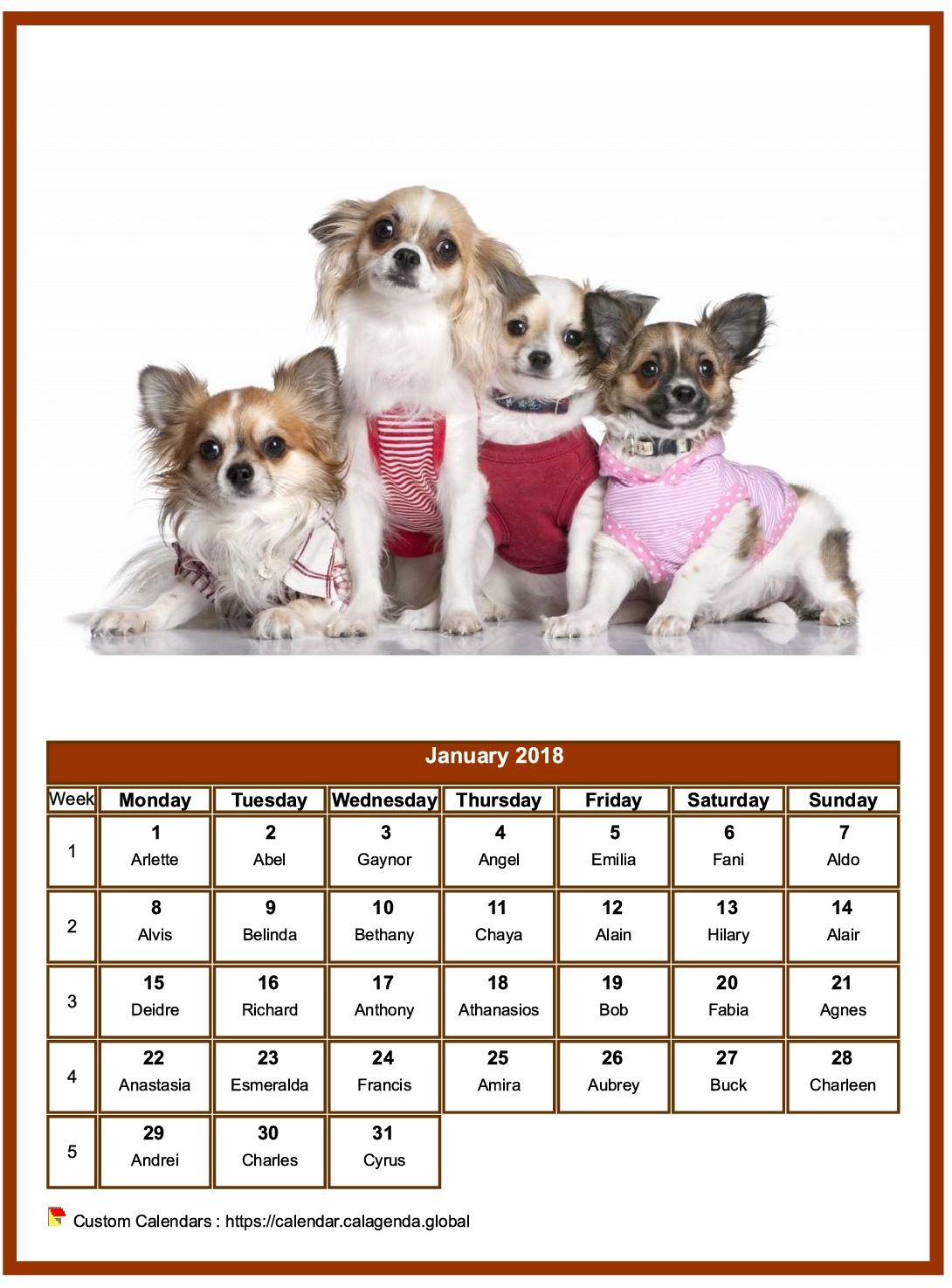 Calendar January 2018 dogs