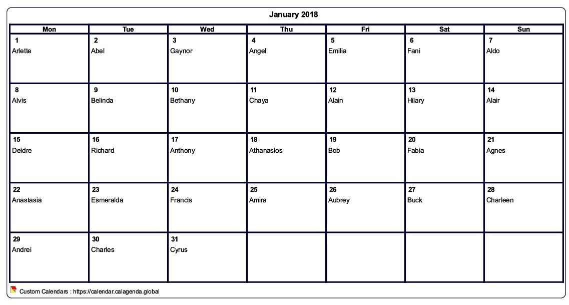 Calendar january 2018 to print blank