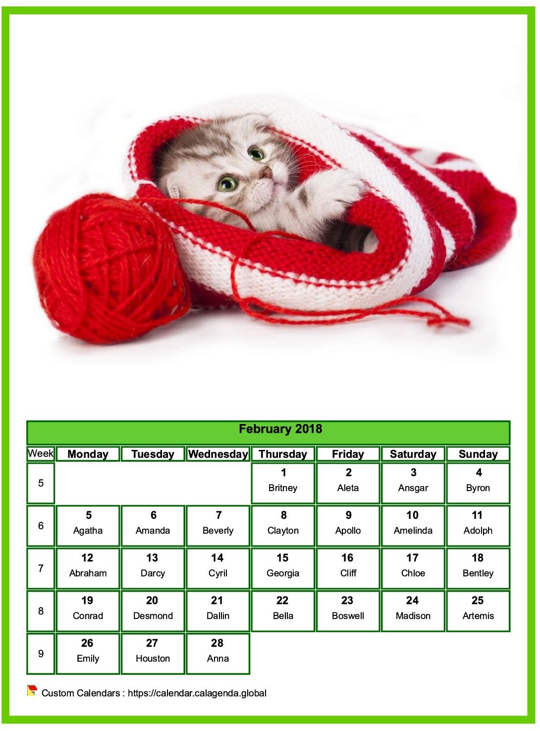 Calendar February 2018 cats