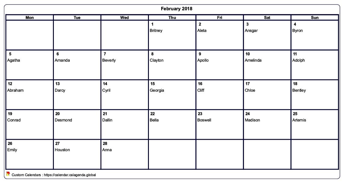 Calendar February 2018 to print blank