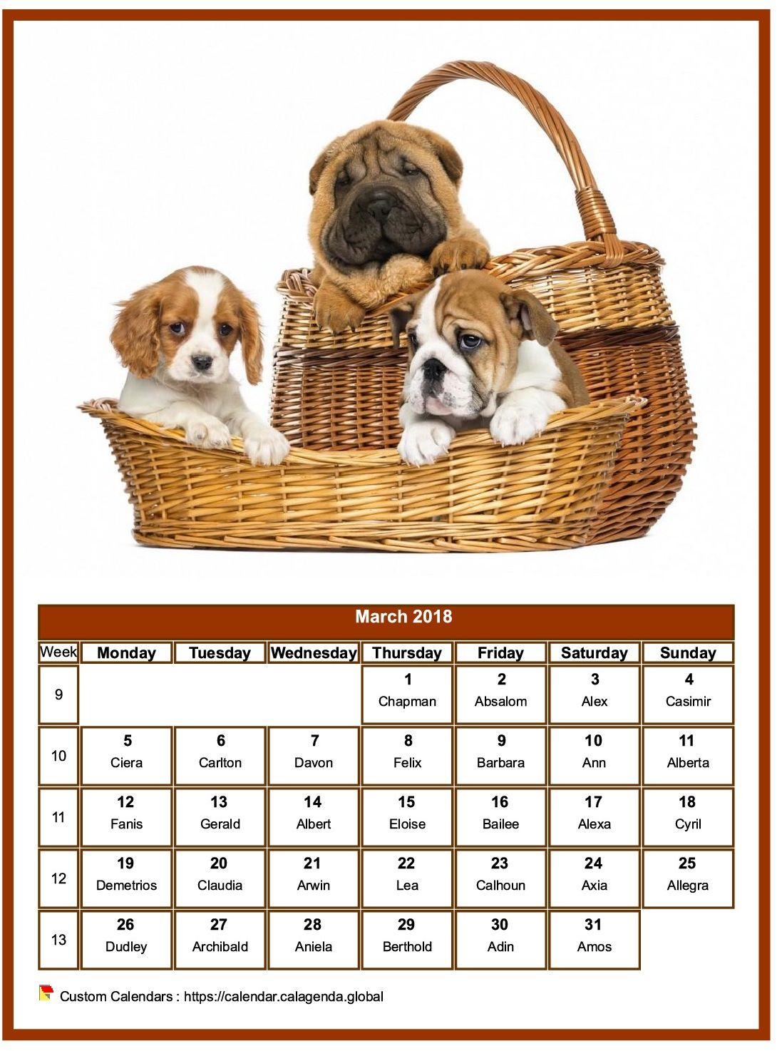 Calendar March 2018 dogs