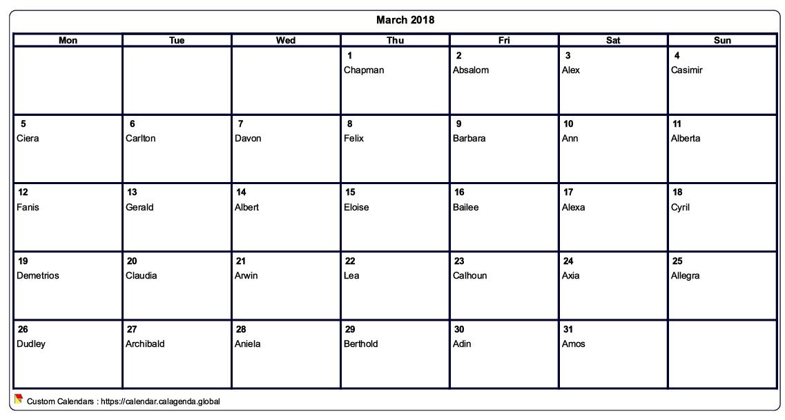 Calendar March 2018 to print blank