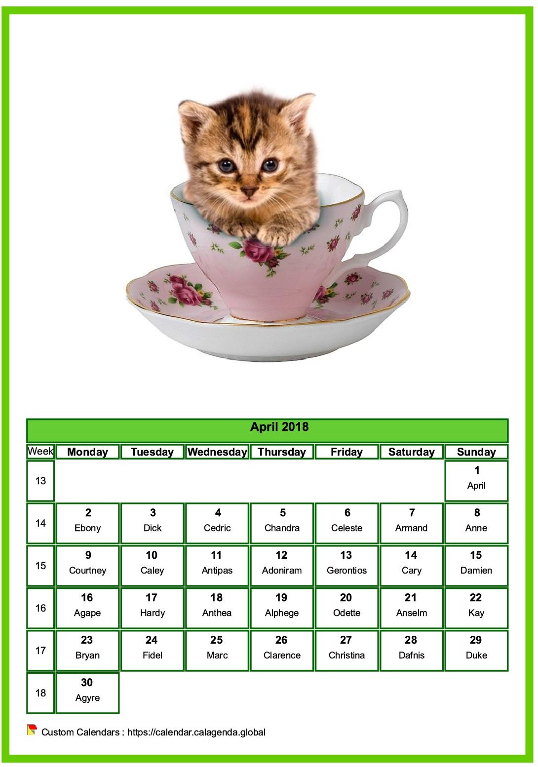 Calendar April 2018 cats