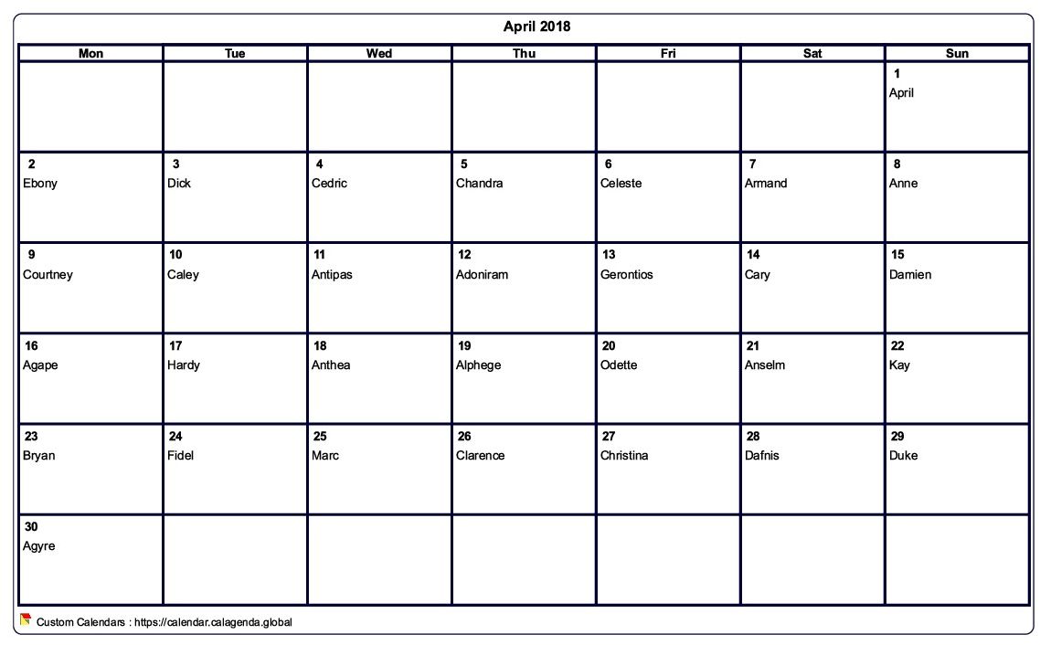 Calendar April 2018 to print blank