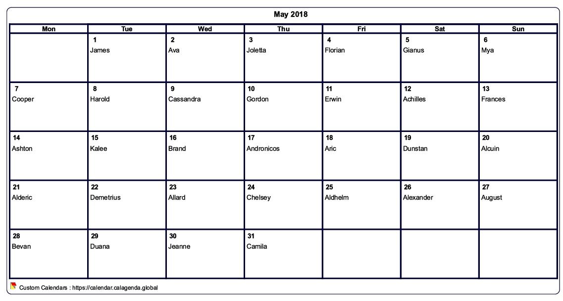 Calendar May 2018 to print blank