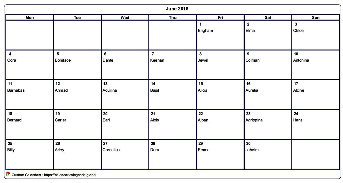 Calendar June 2018 to print blank