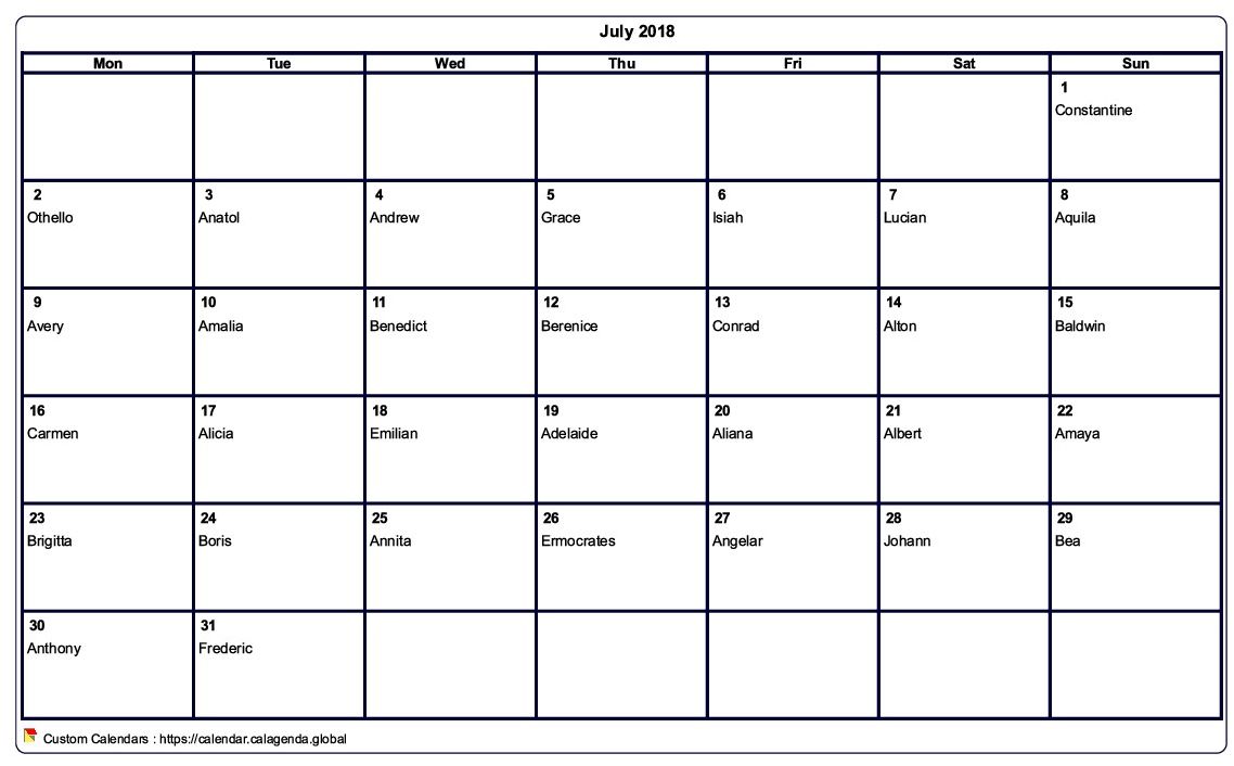 Calendar July 2018 to print blank