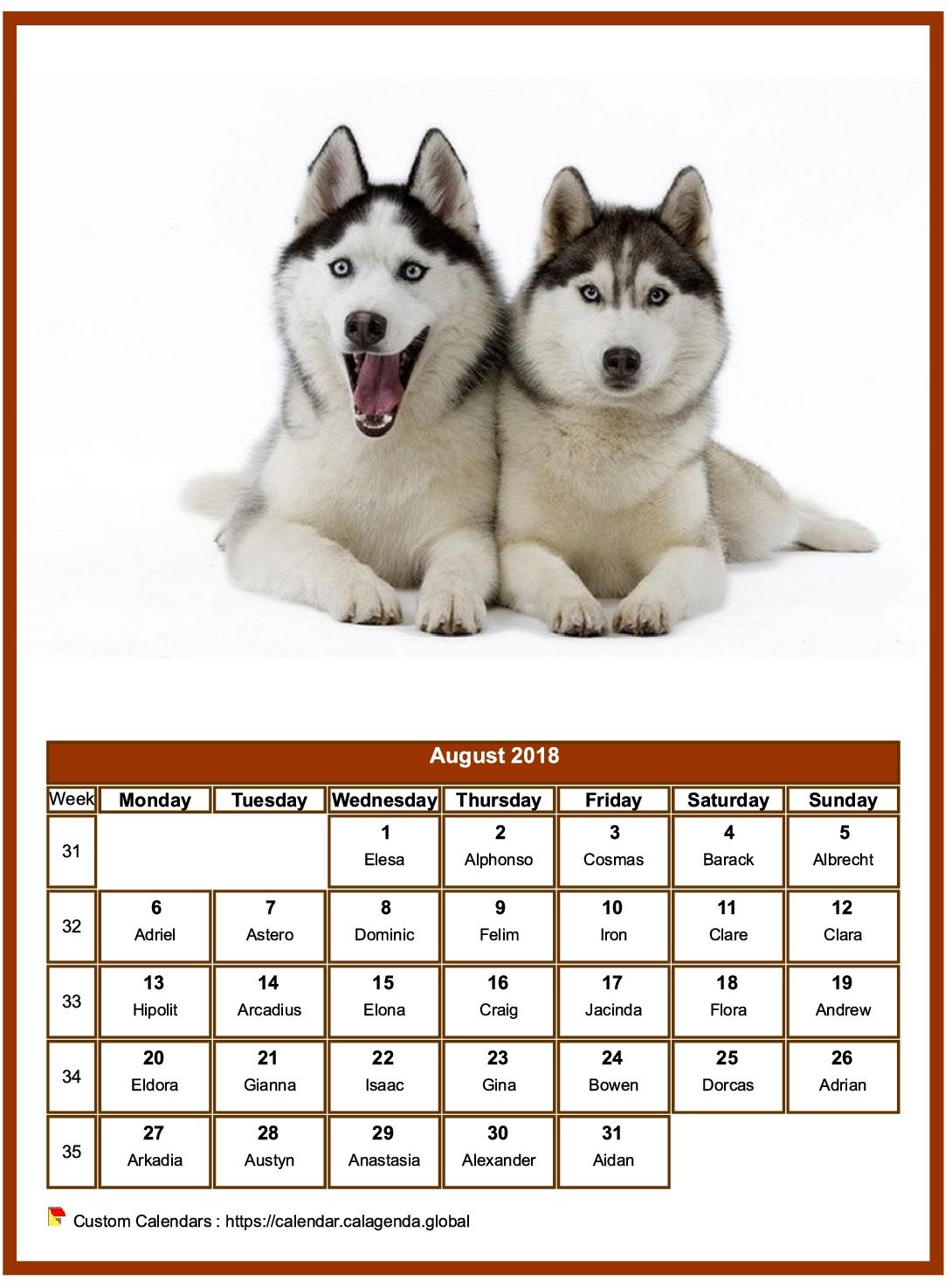 Calendar August 2018 dogs