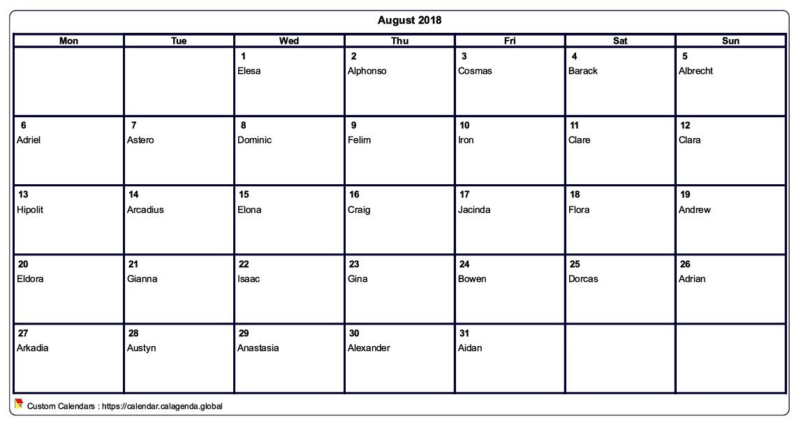 Calendar August 2018 to print blank