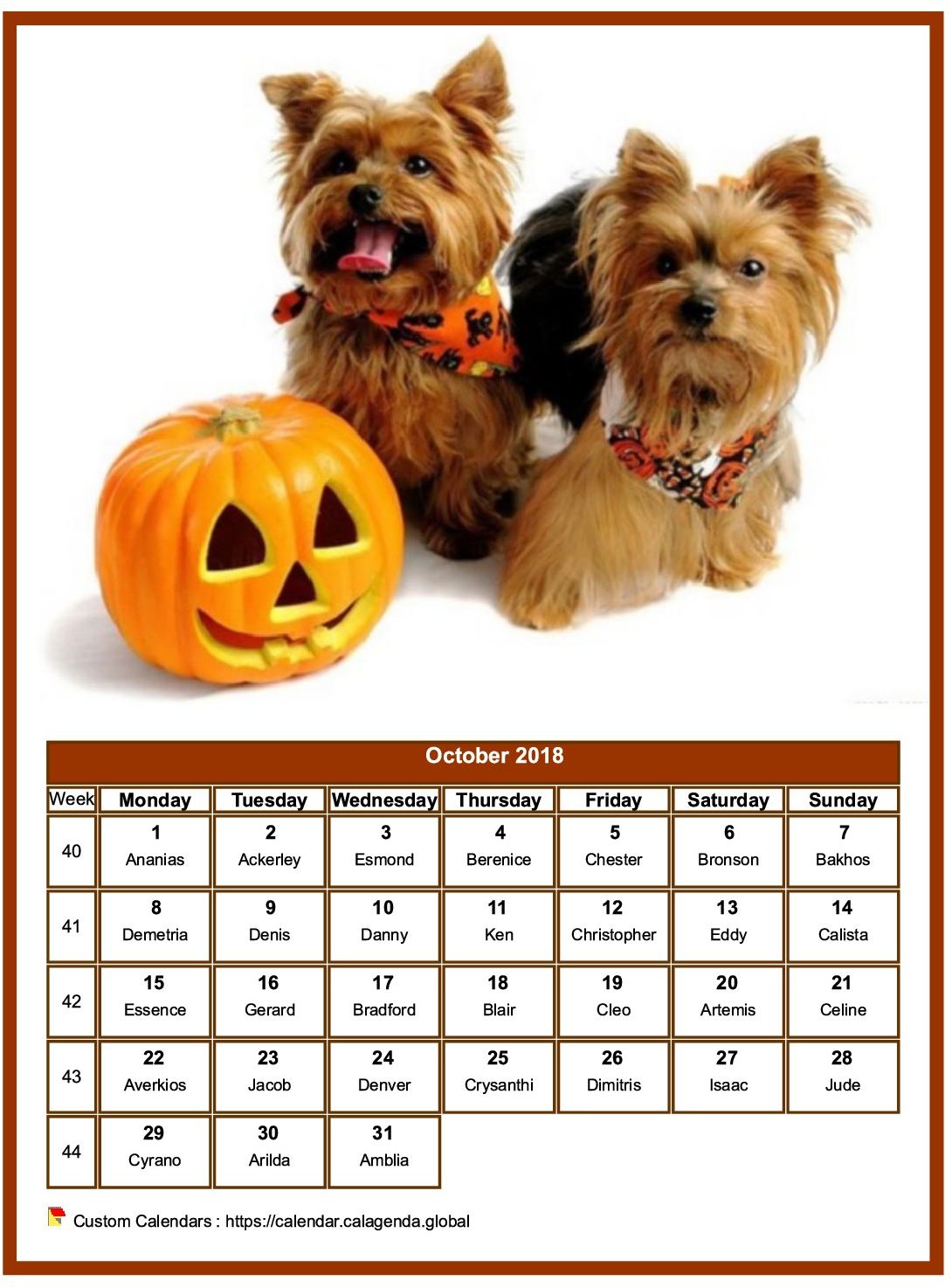 Calendar October 2018 dogs
