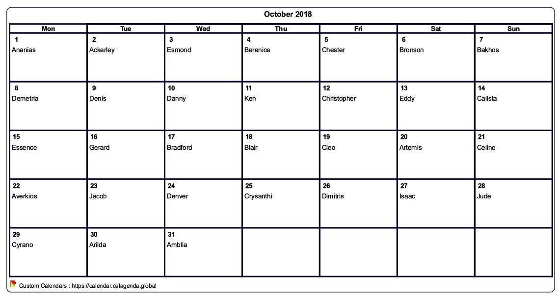 Calendar October 2018 to print blank