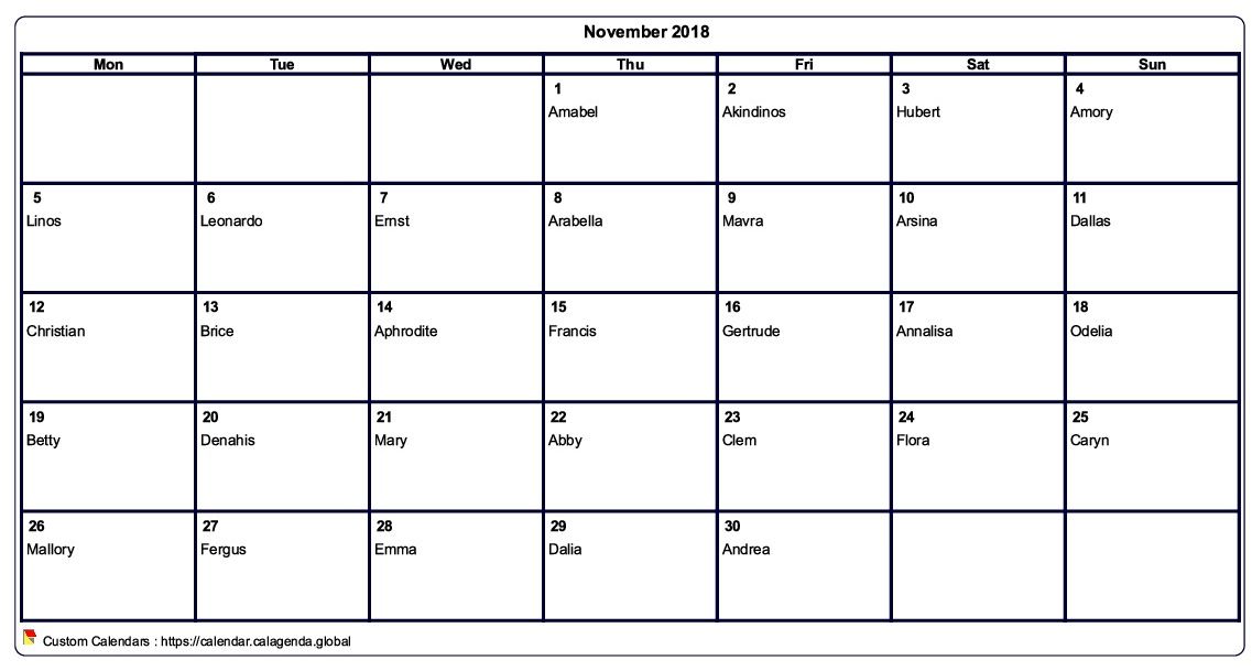 Calendar November 2018 to print blank