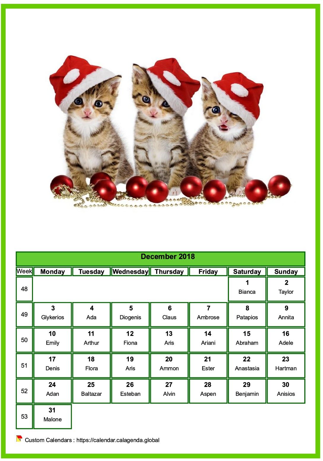 Calendar December 2018 cats