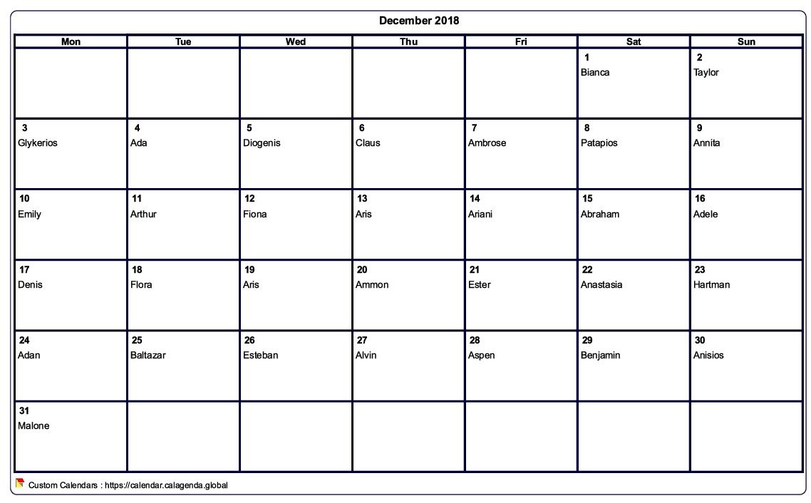 Calendar December 2018 to print blank