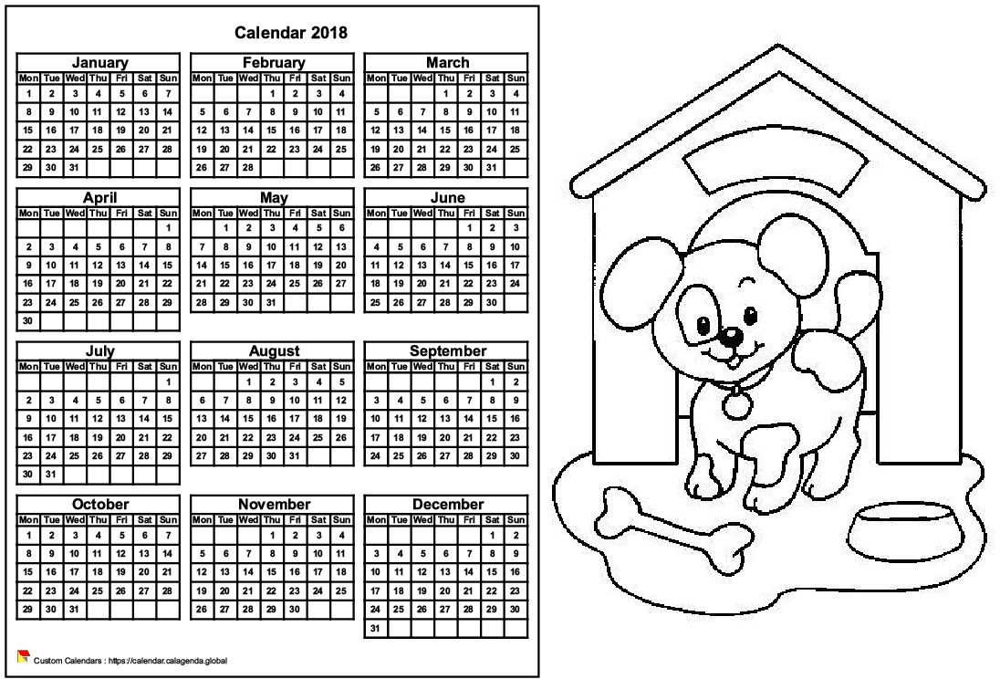 Calendar 2018 to color annual, format landscape, for children