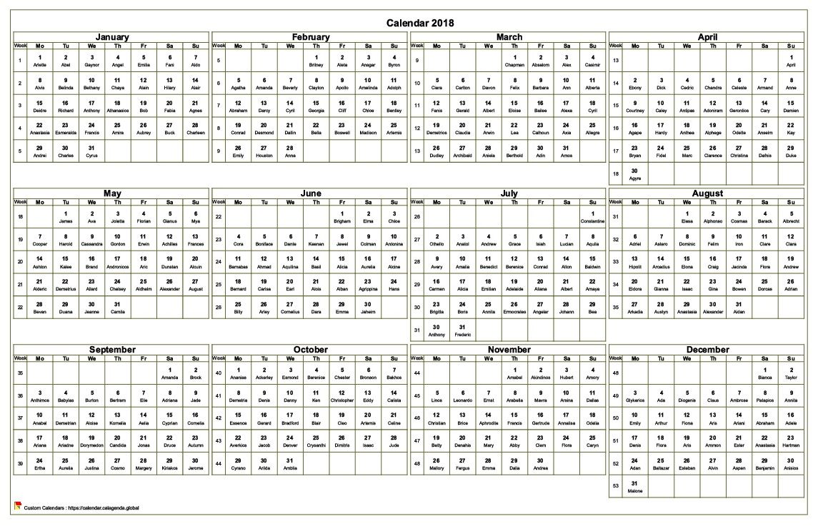  2018 annual calendar to print, format landscape, desk or wall