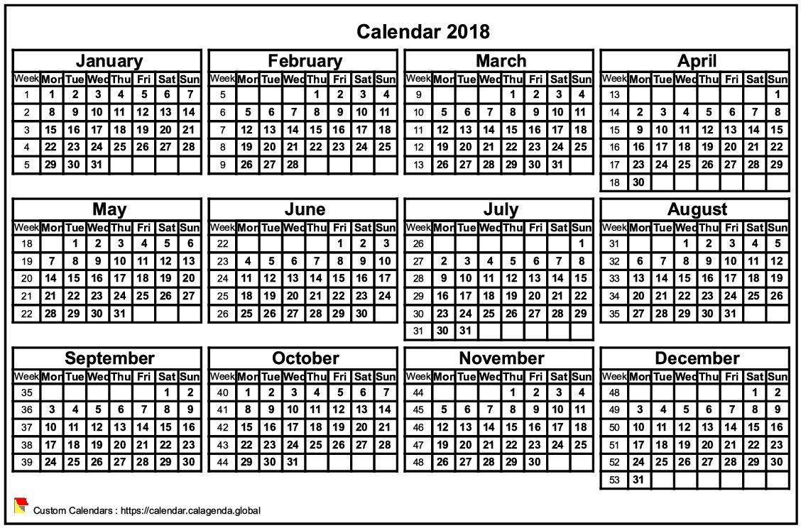 Calendar 2018 format landscape