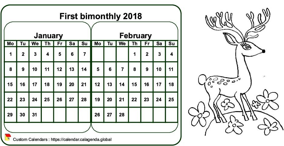 Calendar 2018 to color bimonthly, format landscape, for children