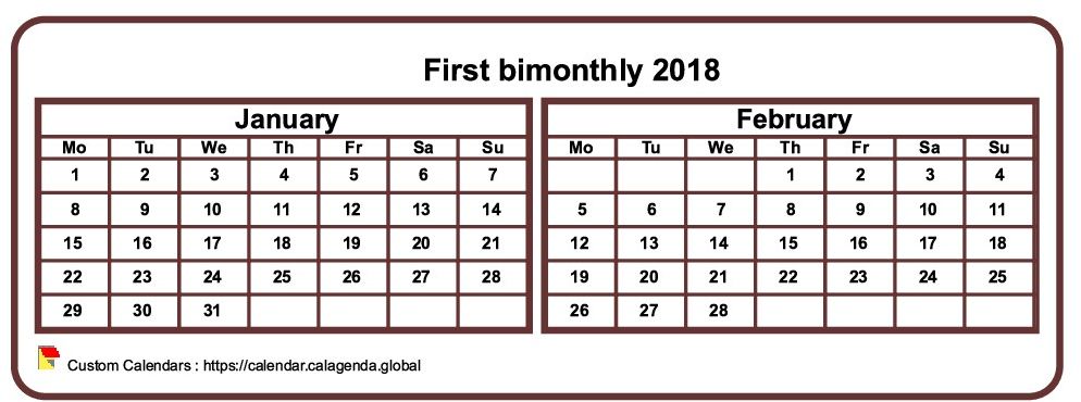Calendar 2018 two months, tiny horizontal, pocket format, white background