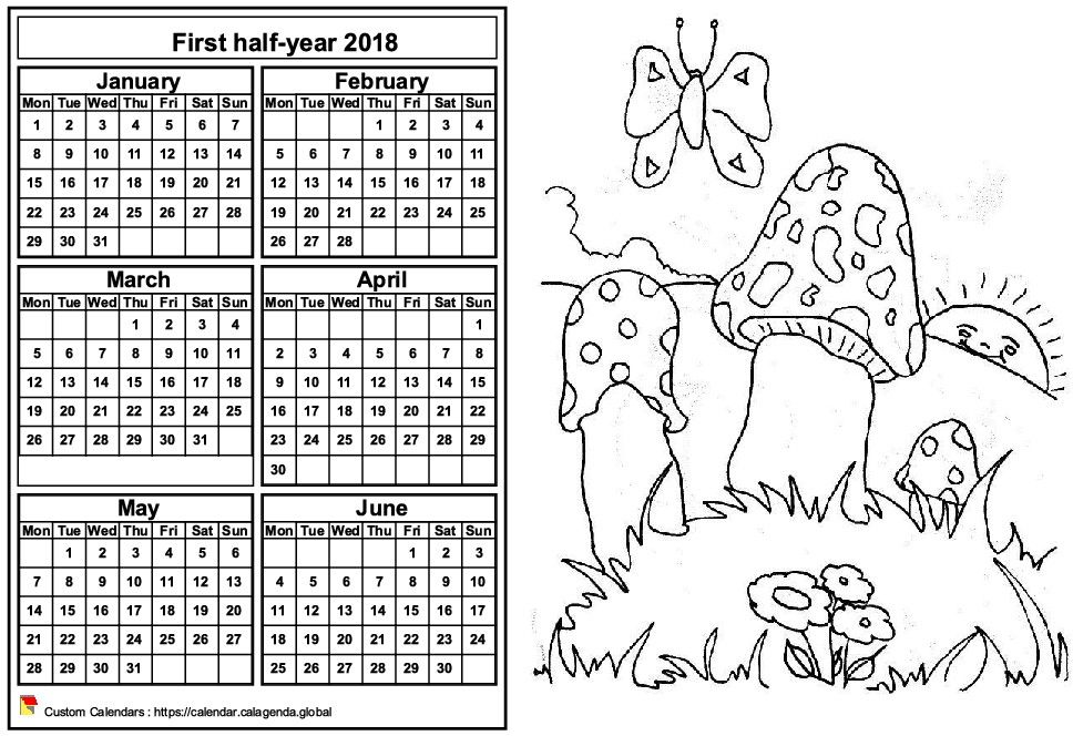 Calendar 2018 to color half-year, format landscape, for children