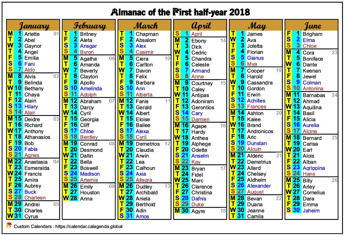 Calendar 2018 half-year six columns of format landscape