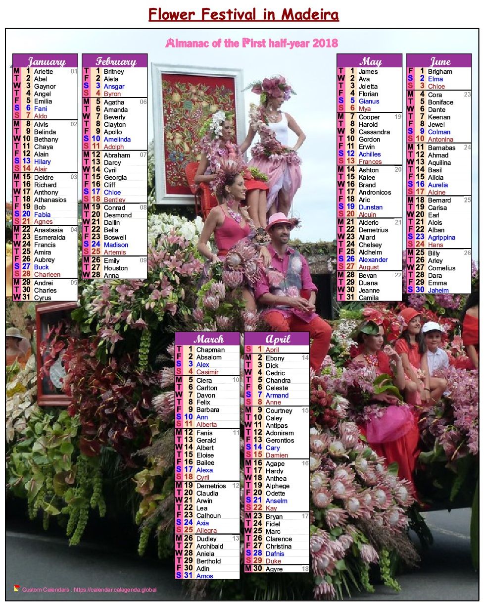 Calendar 2018 half-year flower festival in Madeira