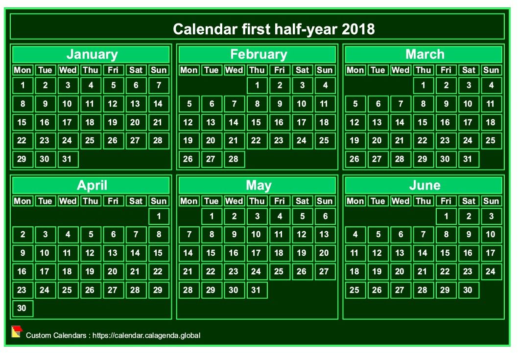 Calendar 2018 to print, half-year, tiny pocket format, green background
