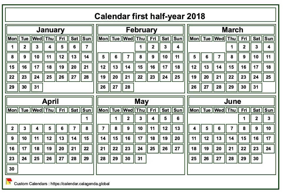 Calendar 2018 to print, half-year, tiny pocket format, white background