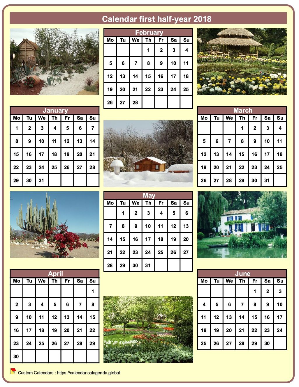 Calendar 2018 half-year with a different photo every month