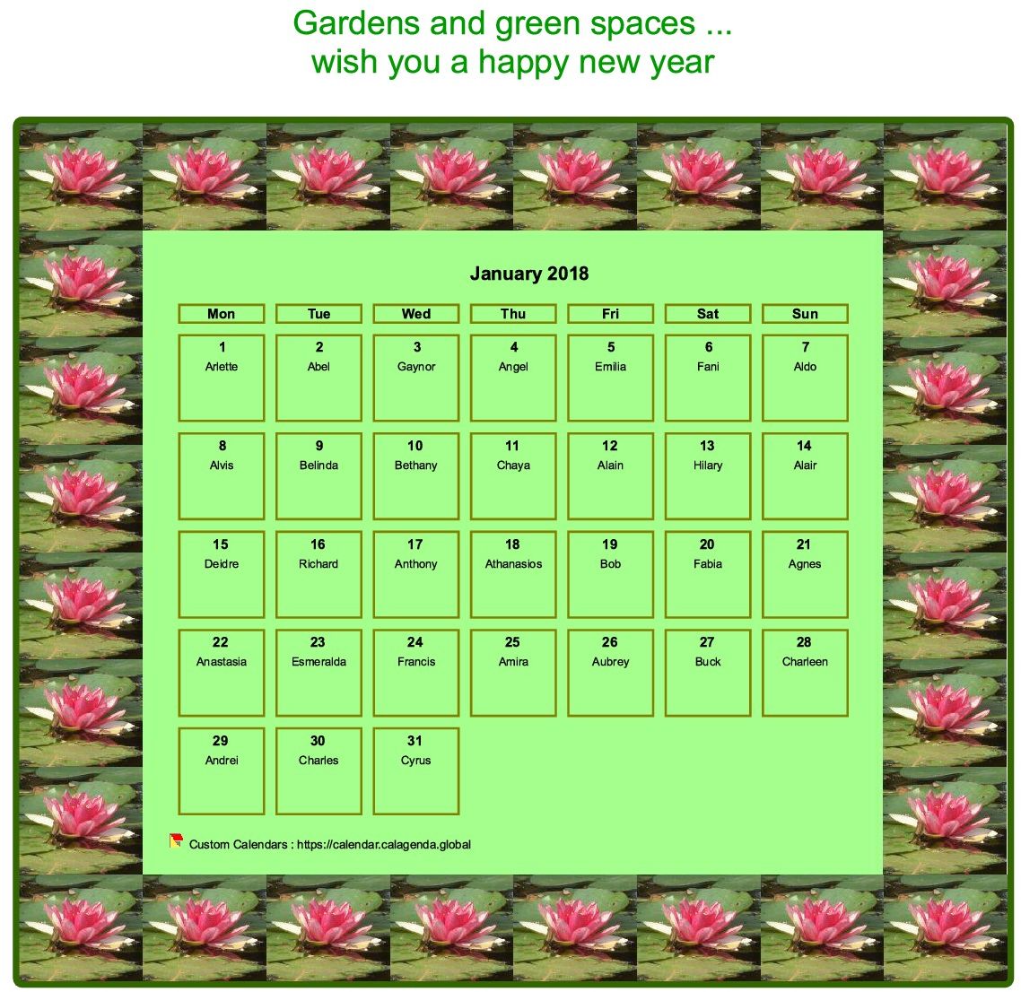 Calendar 2018 decorative agenda monthly, frame with motives waterlilies