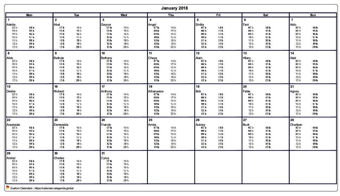 Calendar monthly 2018 to print virgin, with timetables in every box