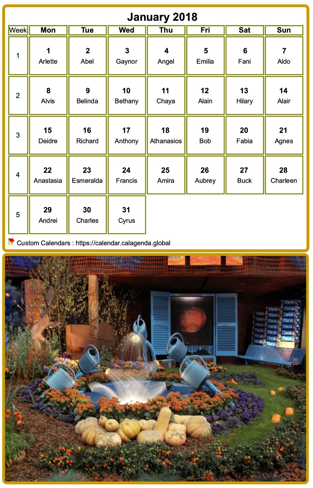 Calendar monthly 2018 to print, with photograph in underside