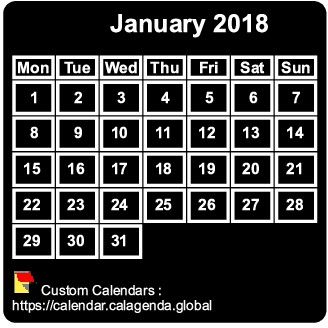 Calendar monthly 2018 to print, black background, tiny size, pocket size, special wallet
