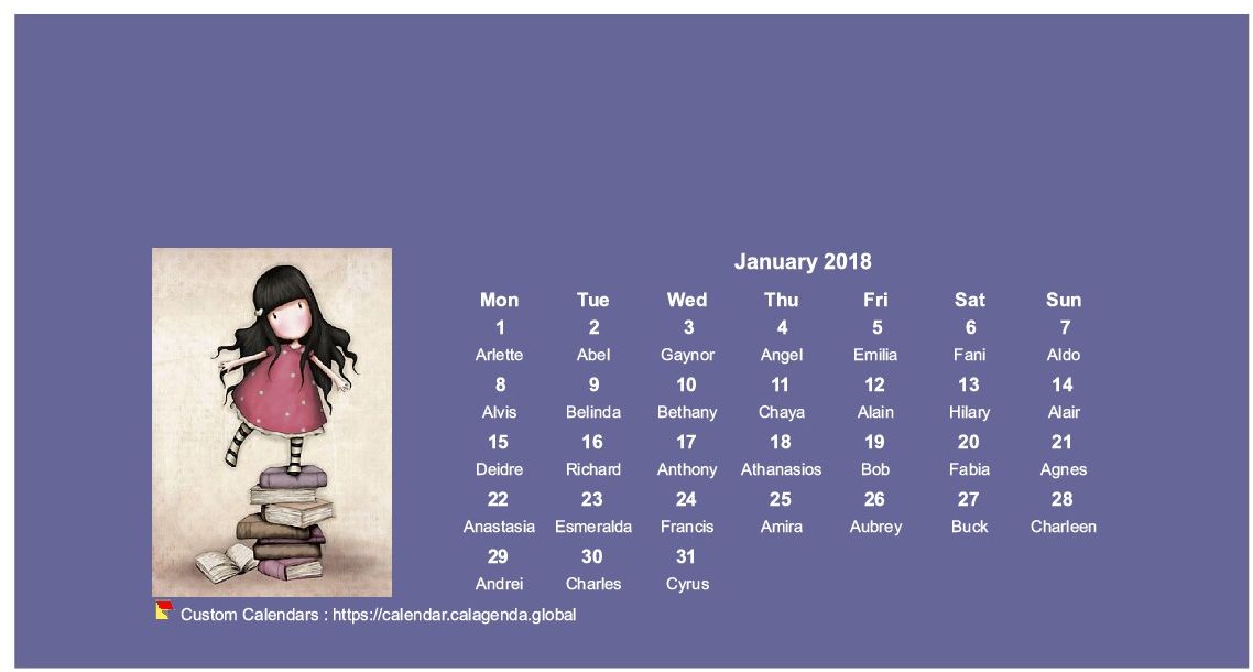 Calendar monthly 2018 Gorjuss