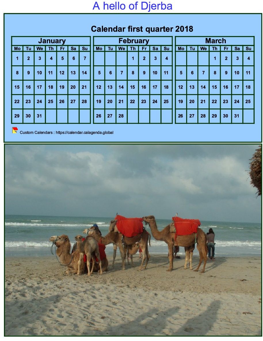 Calendar 2018 to print quarterly, tiny format, blue background, with photo