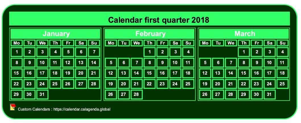 Calendar 2018 to print quarterly, tiny pocket format, green background