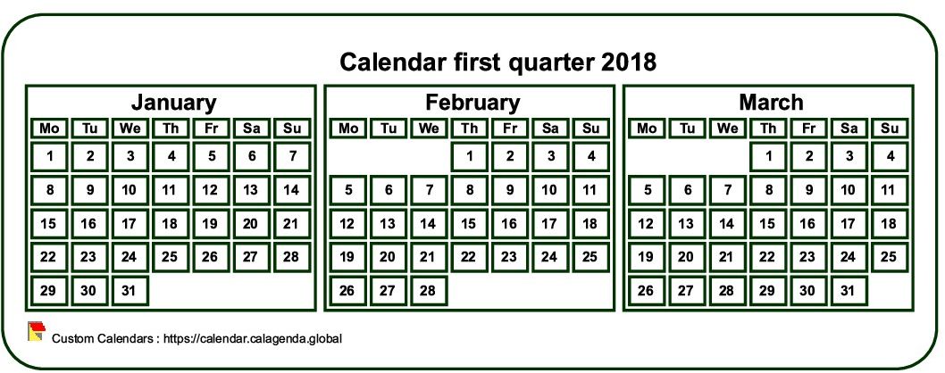 Calendar 2018 to print quarterly, tiny pocket format, white background