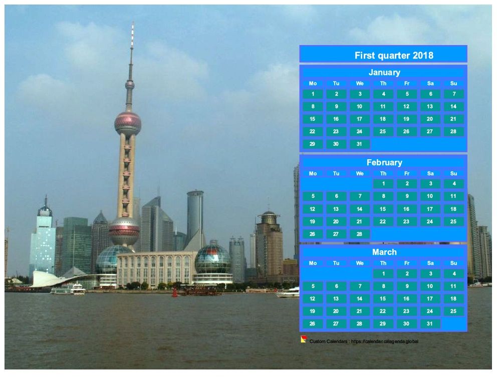 Calendar 2018 to print quarterly, format landscape, above the right part of a photo (Shangaï).