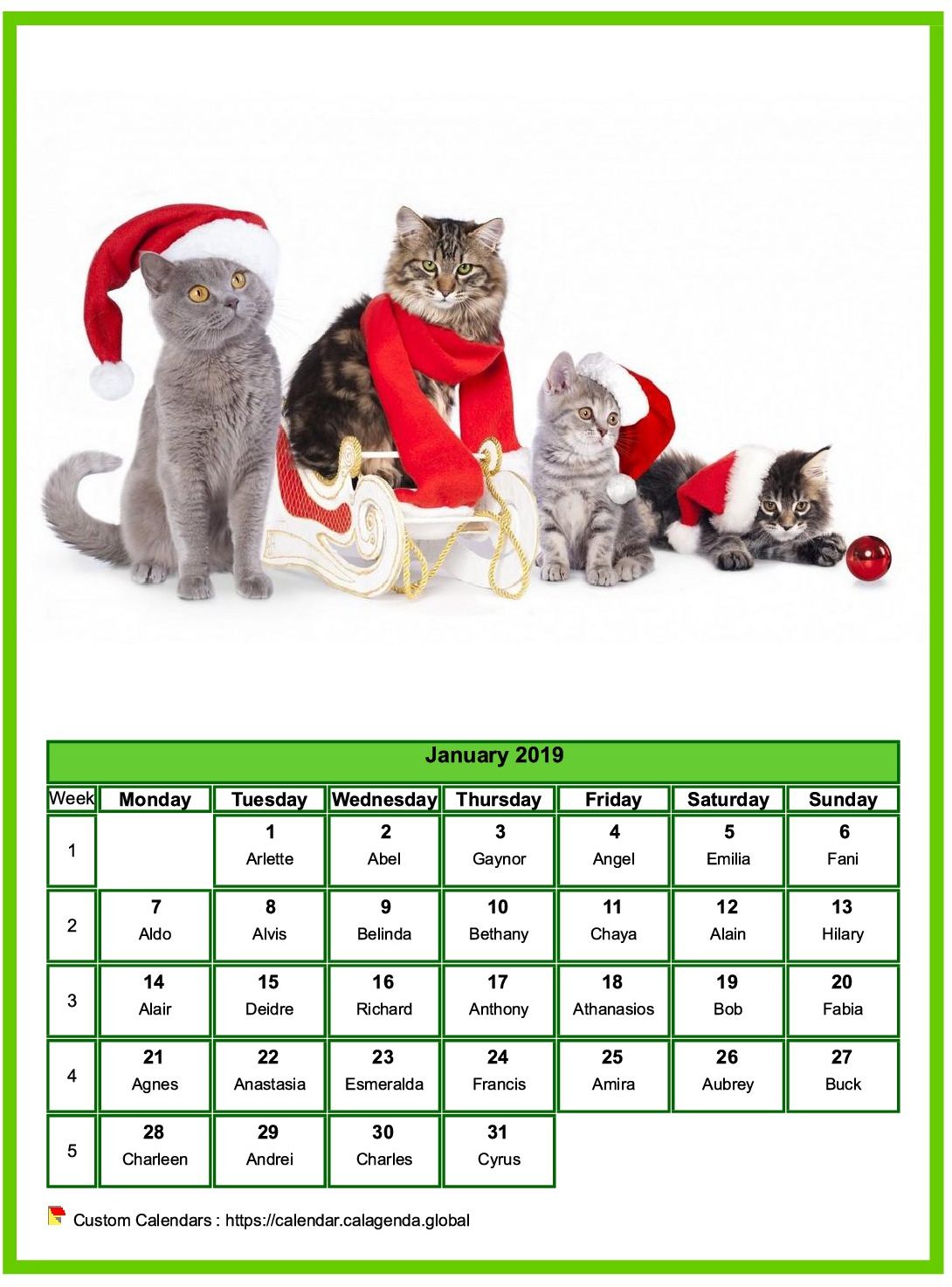 Calendar January 2019 cats