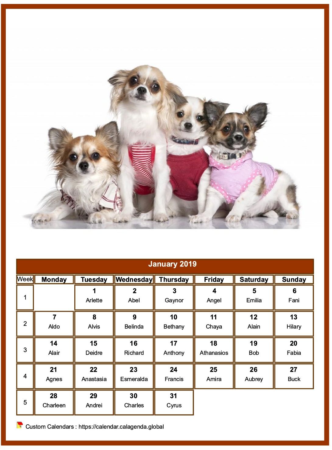 Calendar january 2019 dogs