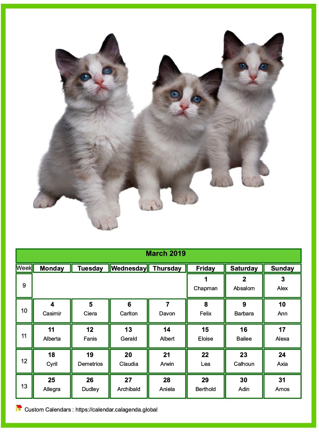 Calendar march 2019 cats