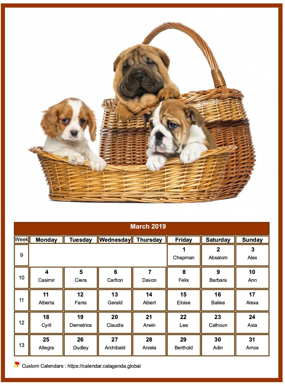 Calendar March 2019 dogs