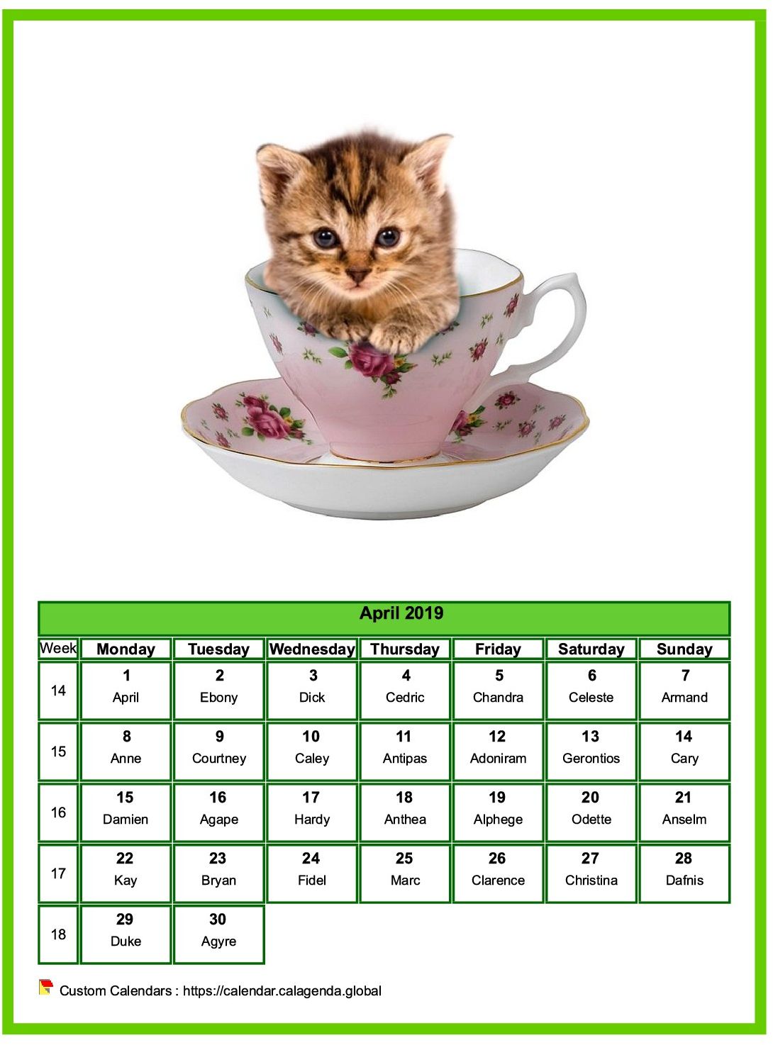 Calendar april 2019 cats