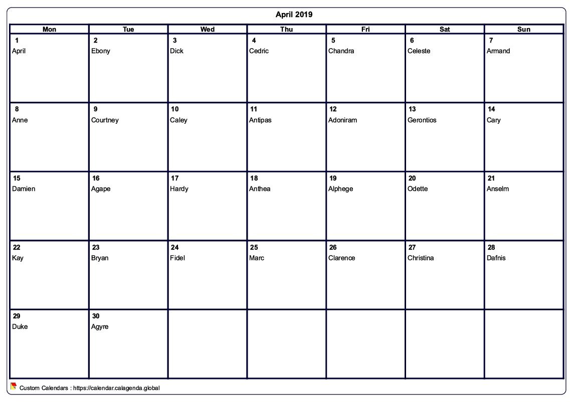Calendar April 2019 to print blank