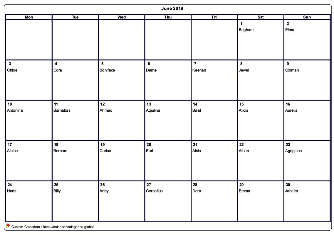 Calendar June 2019 to print blank