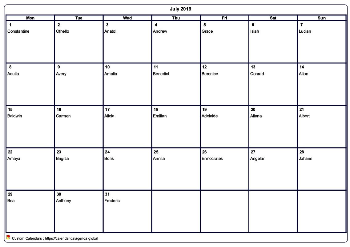 Calendar July 2019 to print blank