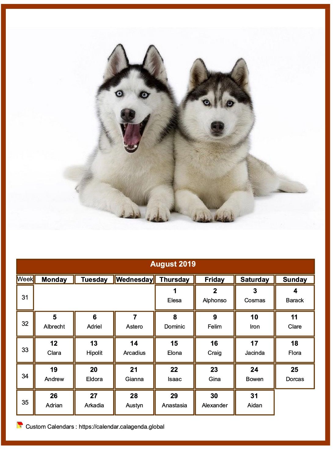 Calendar August 2019 dogs