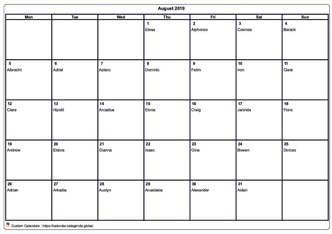 Calendar August 2019 to print blank