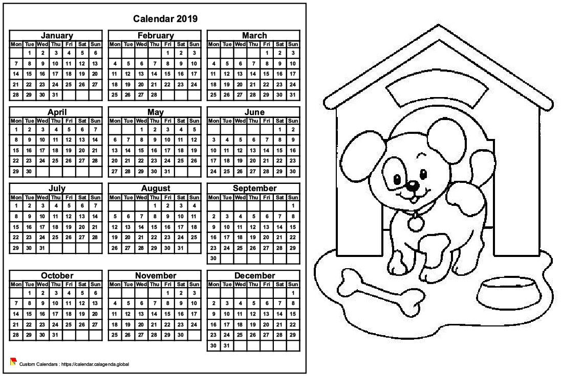 Calendar 2019 to color annual, format landscape, for children